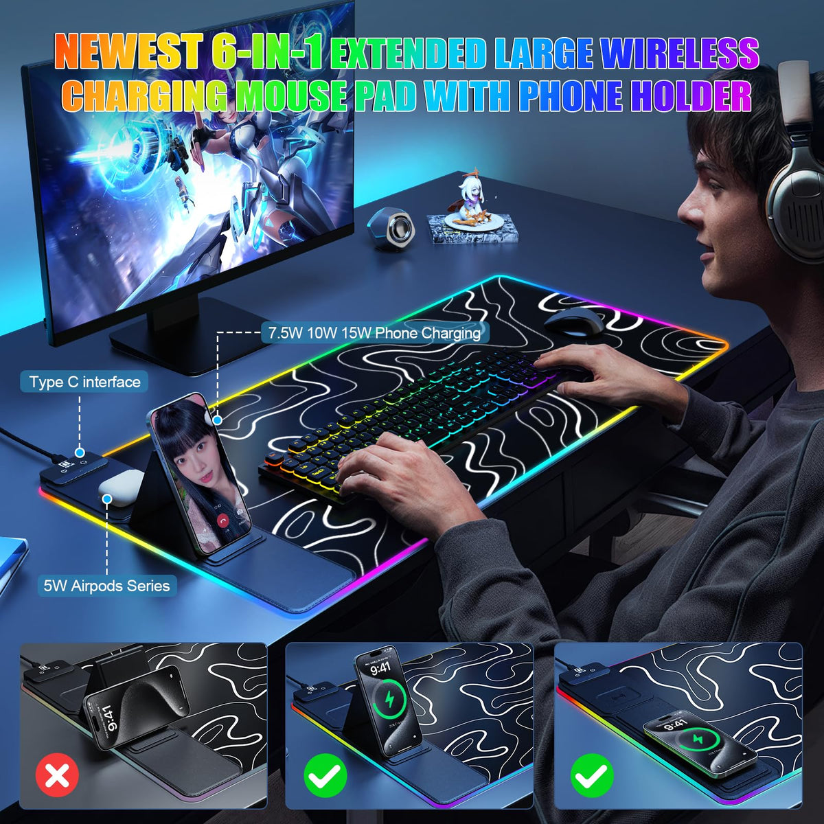 Mouse Pad with Phone Holder, Wireless Charging Desk Mat, RGB Gaming Mousepad Home Office Large Desk