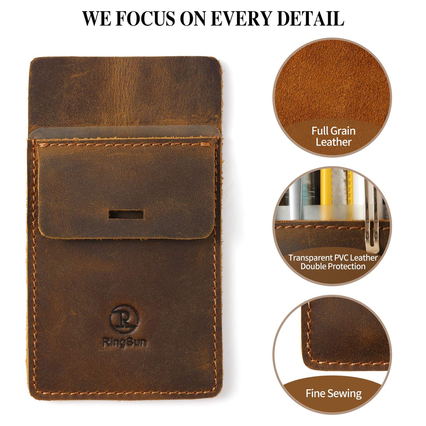 Ringsun Men's Pocket Protector - Full Grain Leather - Heavy Duty Pen Holder for Shirts, Lab Coats