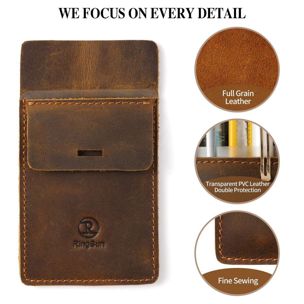 Ringsun Men's Pocket Protector - Full Grain Leather - Heavy Duty Pen Holder for Shirts, Lab Coats