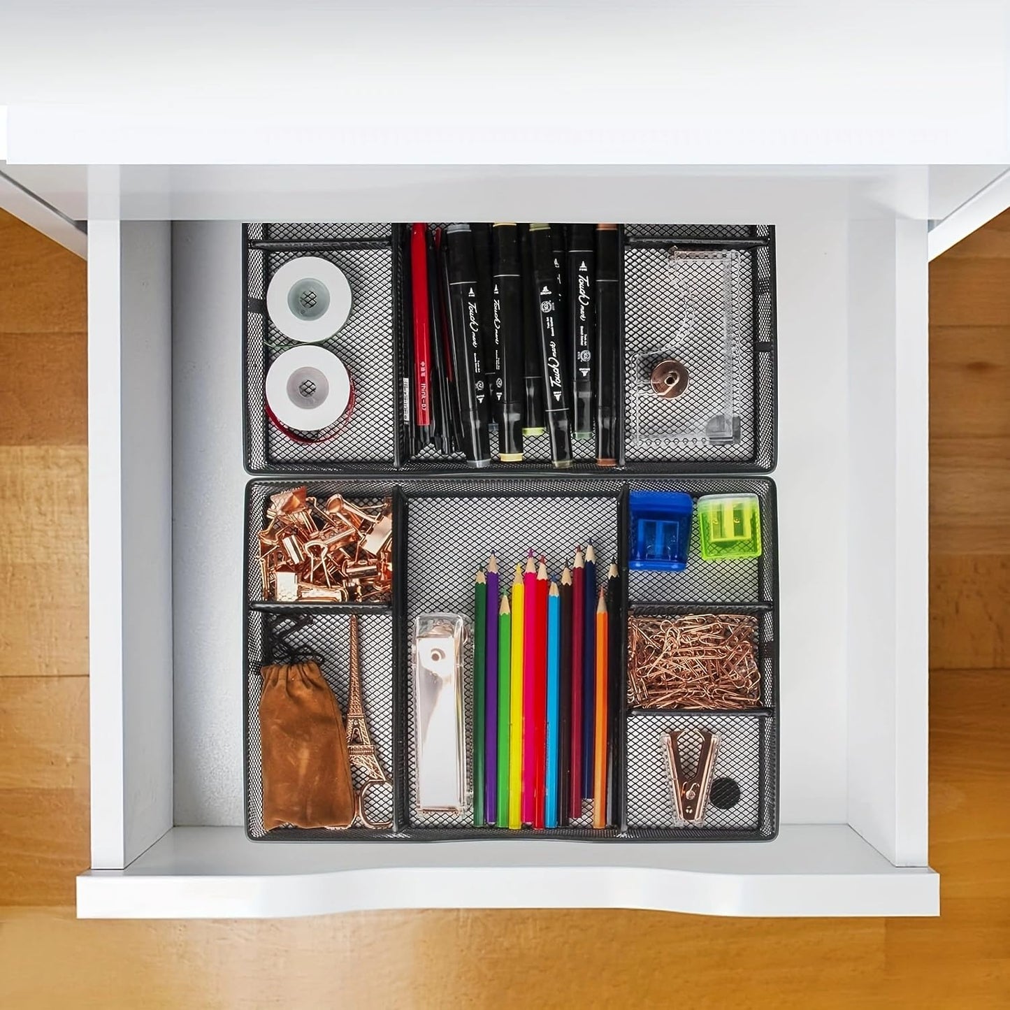 VyGrow Desk Drawer Organizer Tray, Metal Mesh Drawer Organizers Office, 6 Adjustable Compartment