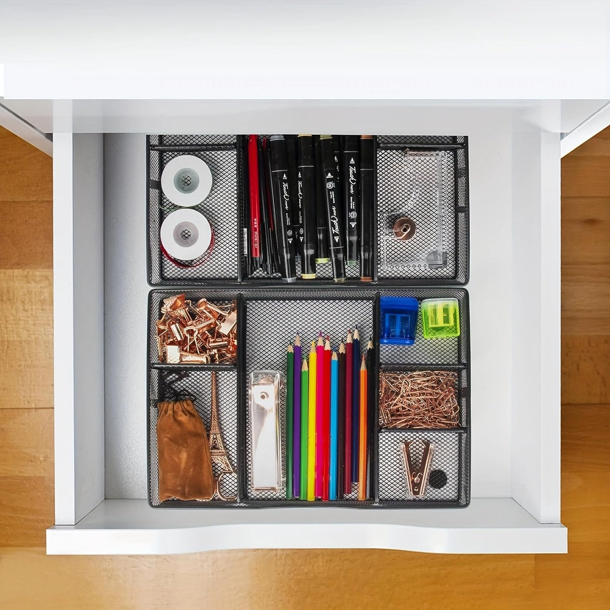 VyGrow Desk Drawer Organizer Tray, Metal Mesh Drawer Organizers Office, 6 Adjustable Compartment