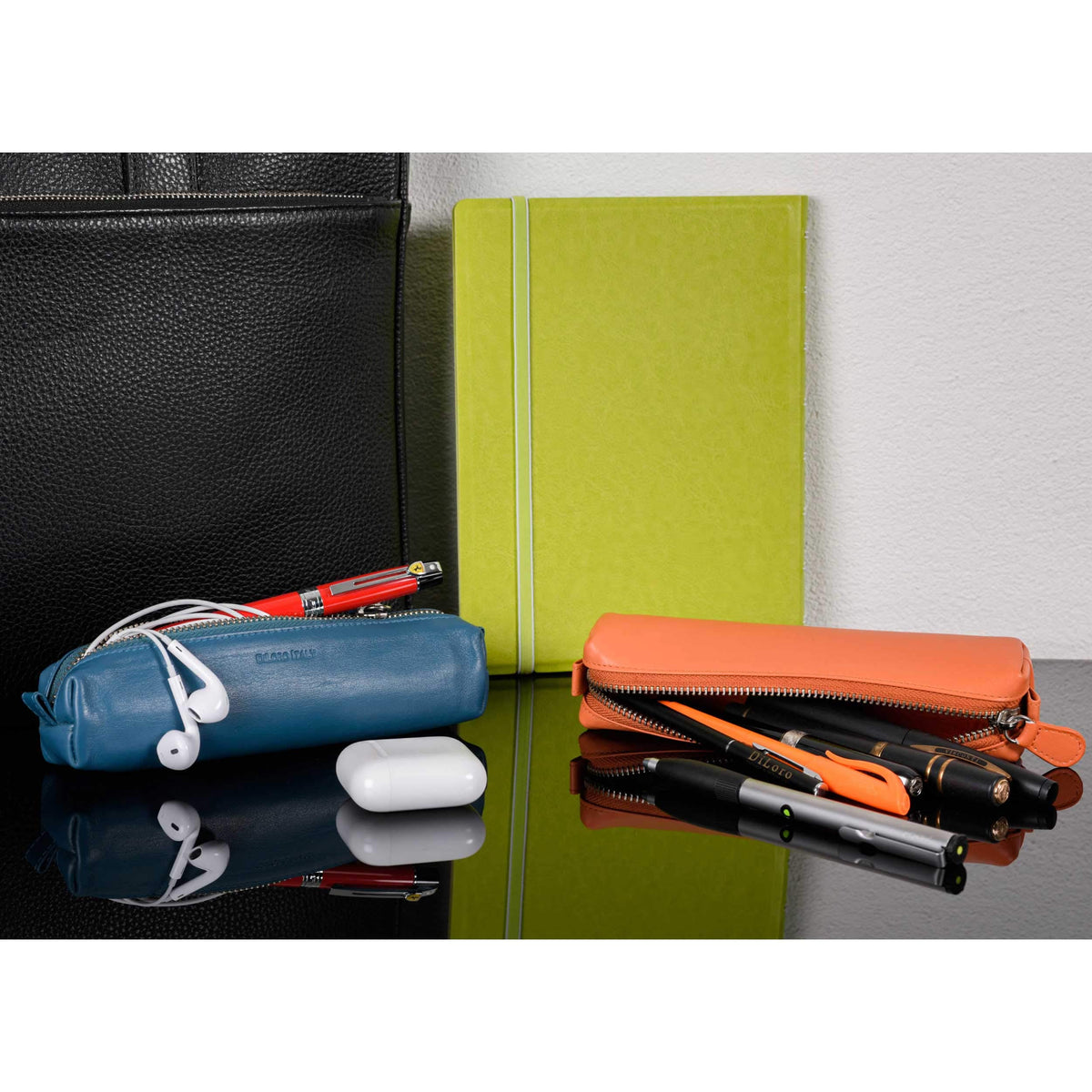 DiLoro Leather Zippered Fountain Ballpoint Rollerball Pens and Pencils Case Holder Pouch Genuine