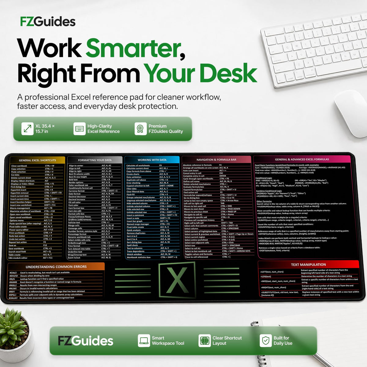 FzGuides Large Excel Cheat Sheet Desk Pad | Excel Pad Shortcut Keys Mouse Mat - Extended Office