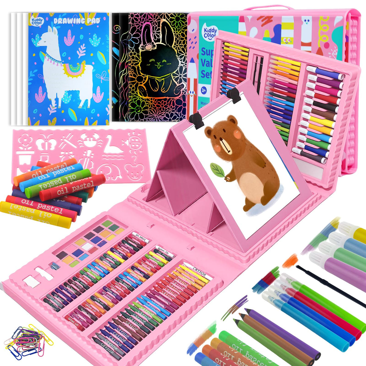 KIDDYCOLOR Kids Art Set, Drawing Art Supplies for Girls & Boys Ages 4-8 with Watercolor Cakes, Oil