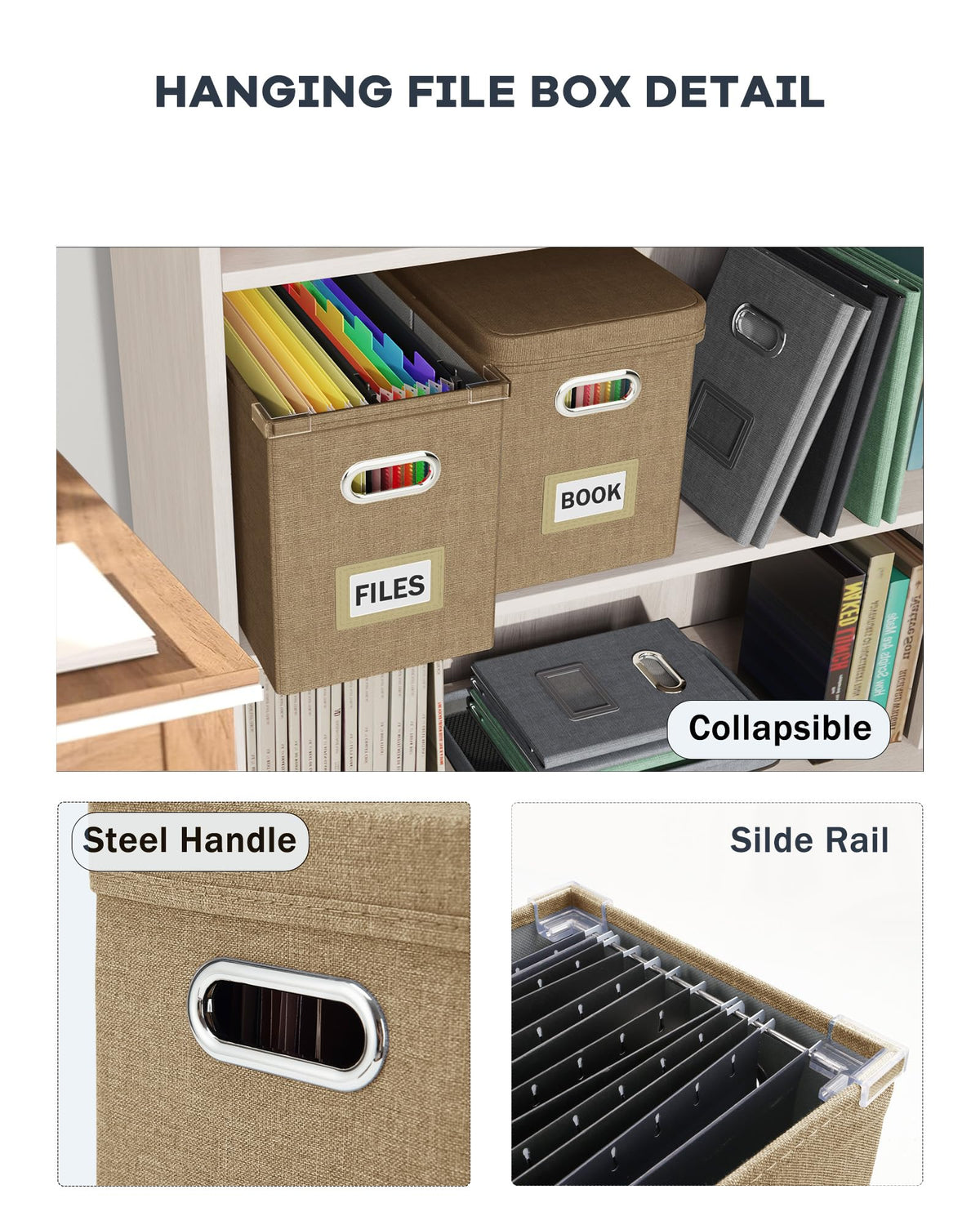 Oterri File Organizer Box with Lid, Hanging Filing File Box with Mesh Pocket, Document Organizer