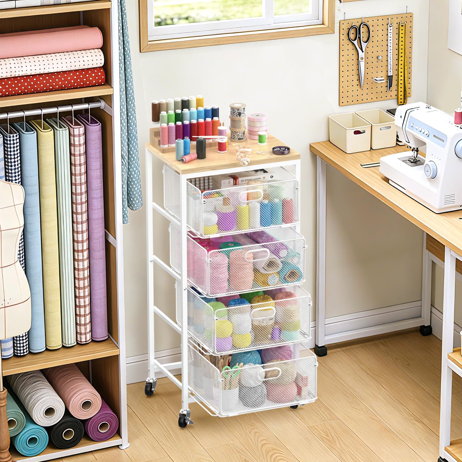 SUNALLY Kitchen Storage Cart with Drawers,Metal Snack Cart Organizer,White