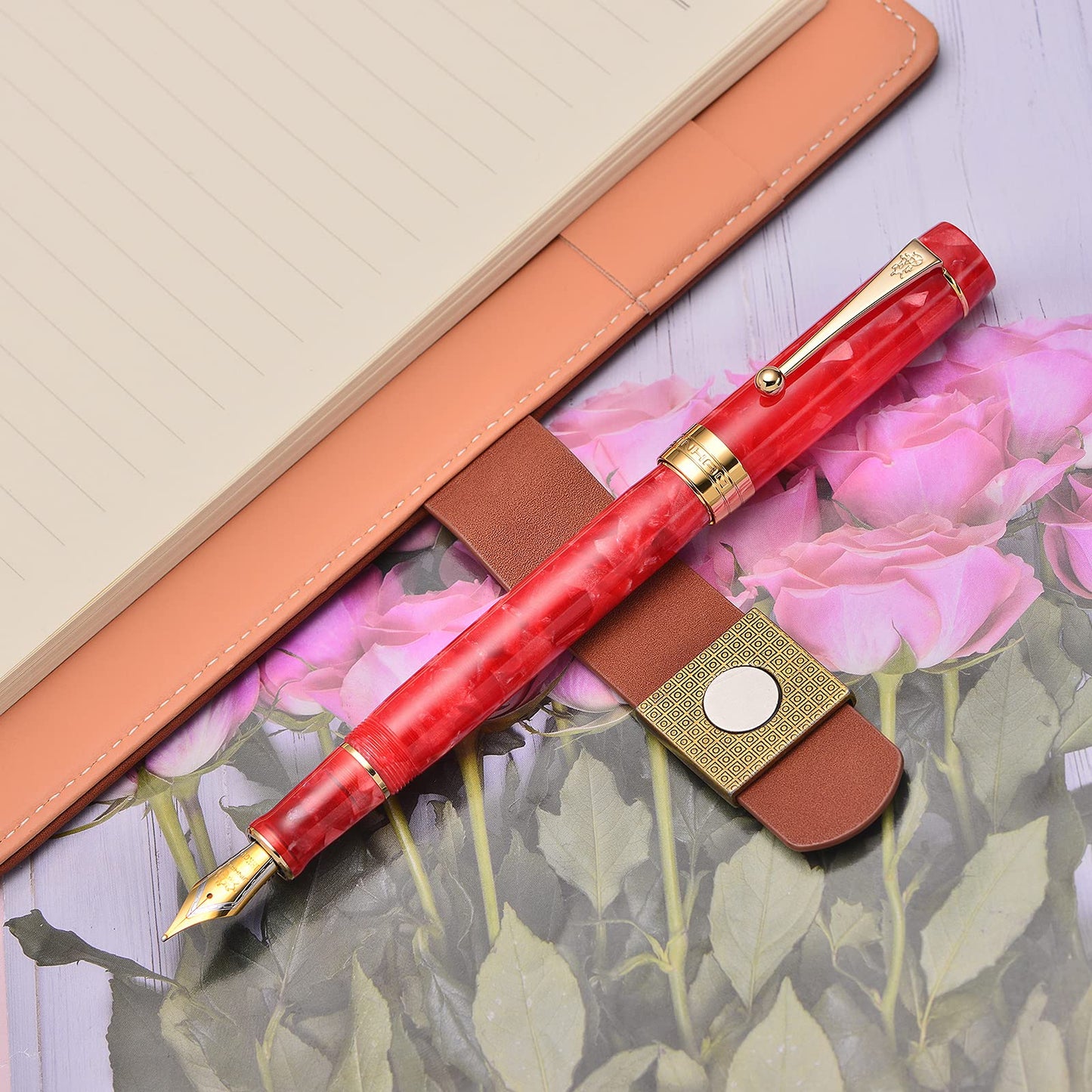 Jinhao 100 Classic Fountain Pen Red Marble Celluloid Gold Trim, Medium Nib with Converter and Pen