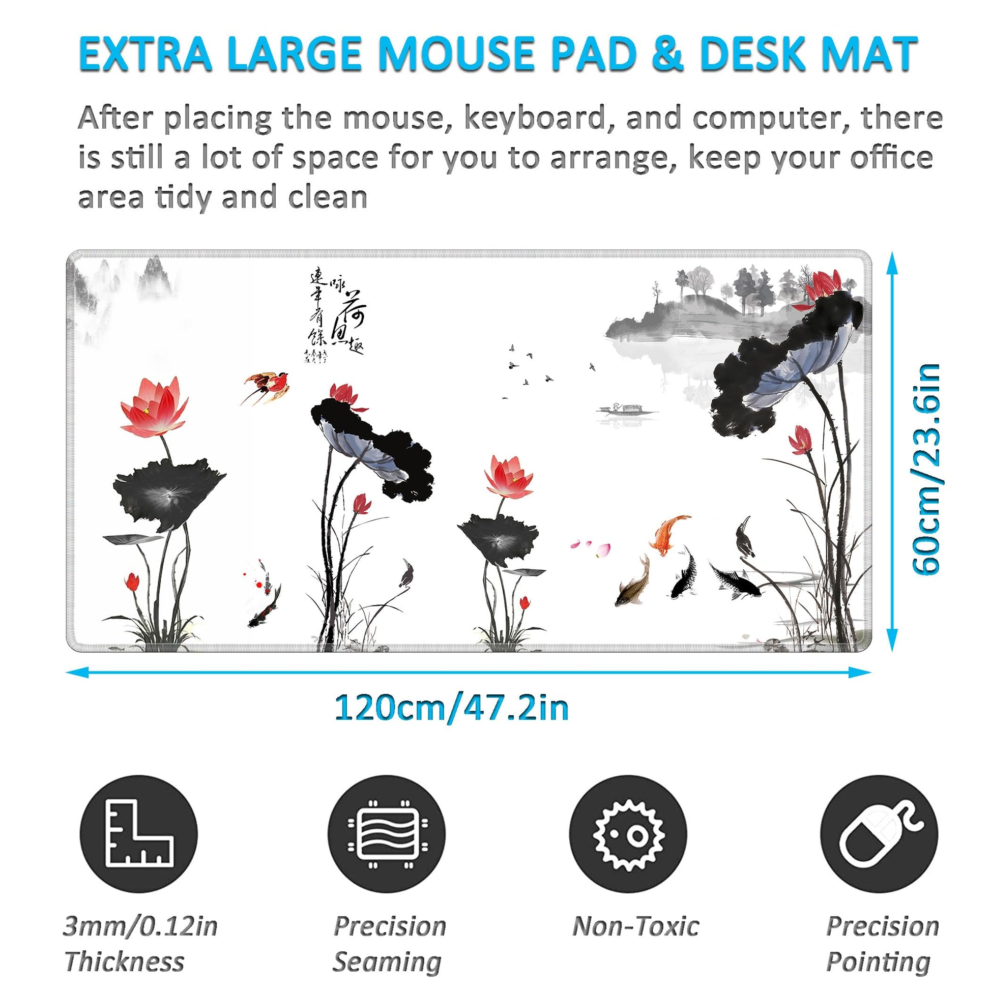 LL-COEUR XXL Landscape Gaming Mouse Pad Computer Keyboard Mat Office Desk Pad (Lotus, 47.2" x 23.6"