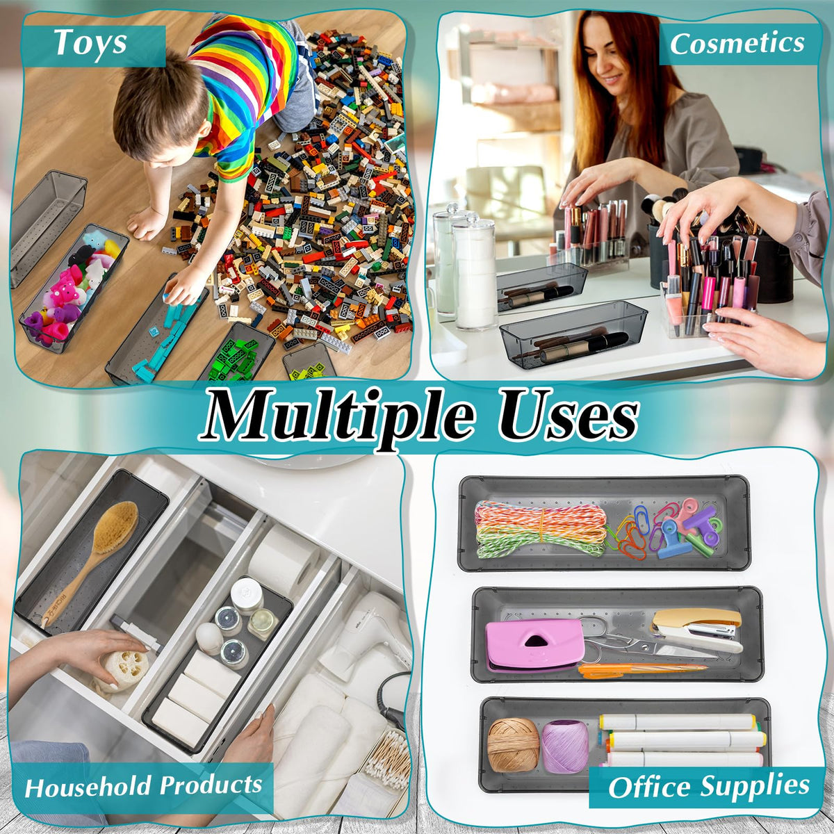 Maitys 12 Pcs Clear Drawer Organizer 9 x 3 x 2 Inches Plastic Rectangle Trays Makeup Vanity Storage