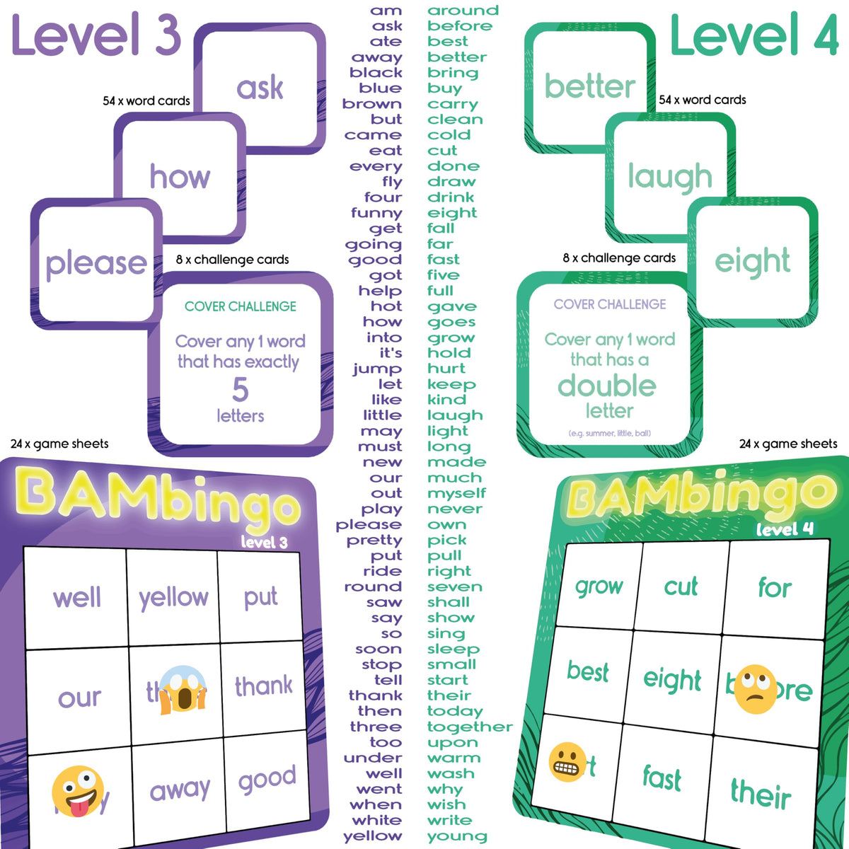 THE BAMBINO TREE Sight Word Bingo Game Level 3 & 4 - Learn to Read Vocabulary for 1st 2nd 3rd Grade