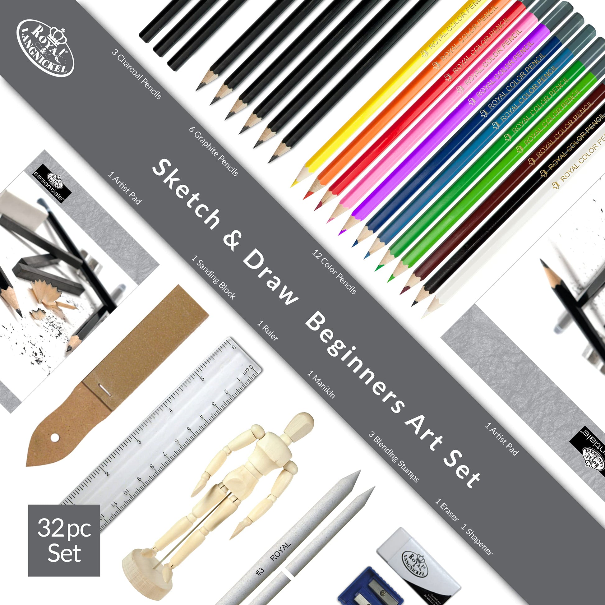 Royal Brush Essentials Art Sketching and Drawing Artist Set for Beginners, Multicolor, 32 Pieces (1