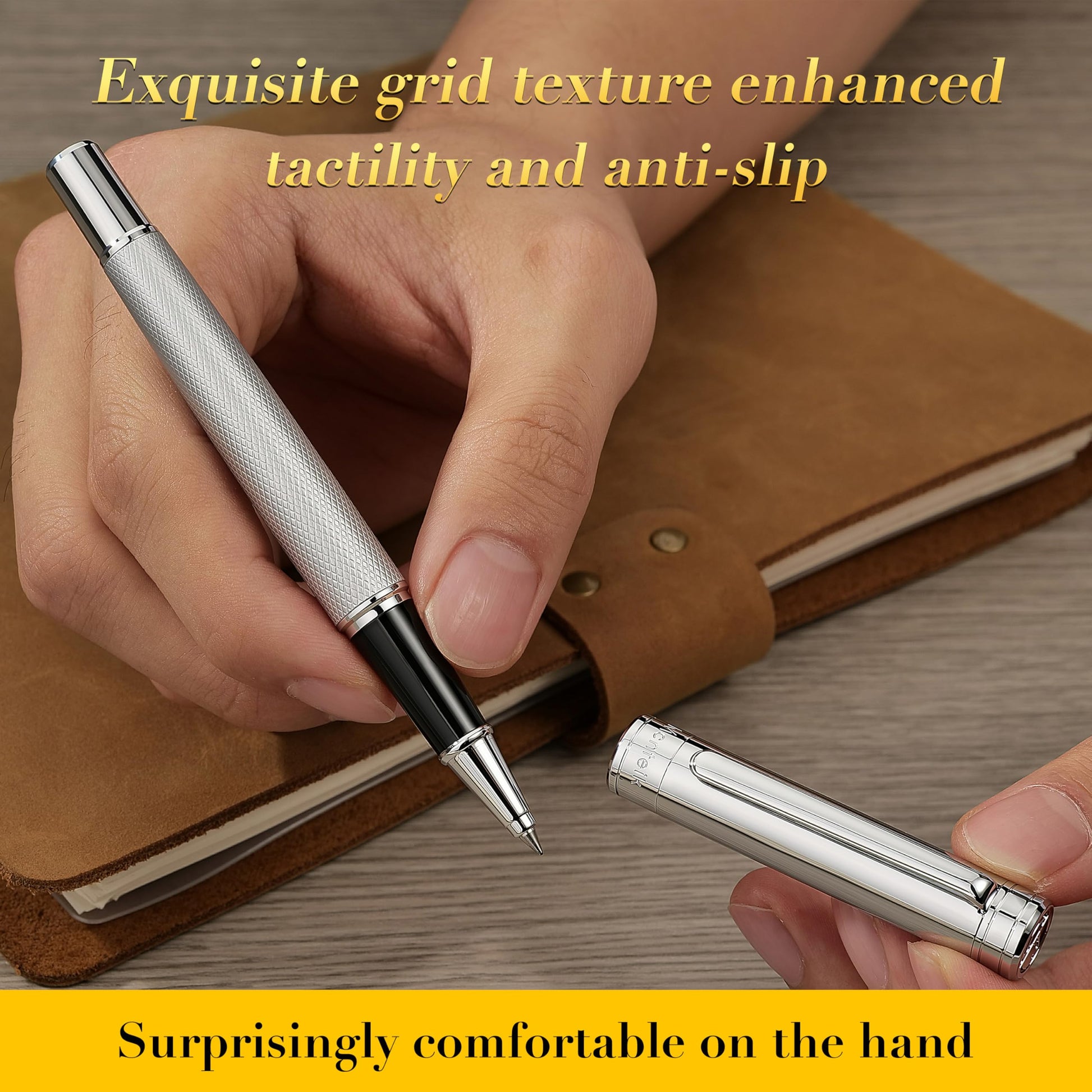 MCNTEIK Silver Rollerball Pen, Stunning Luxury Pen with Mesh Texture Design, Bright Silver Chrome