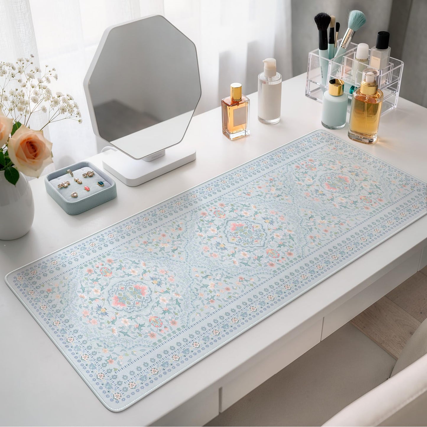 HAOCOO Cute Blue Floral Desk Pad, 31.5" x 11.8" Mouse Pad for Office Setup