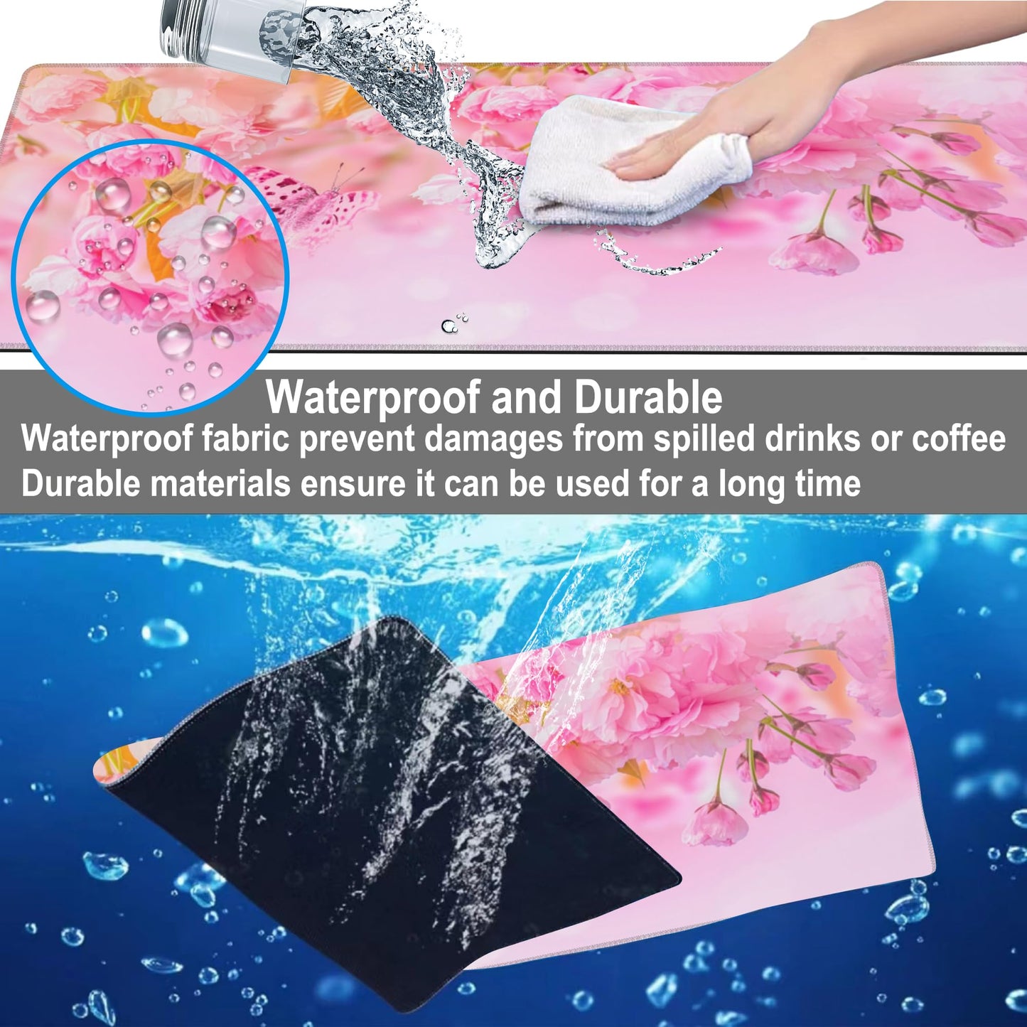 Mouse Pad, Large Pink Sakura and Butterfly Desk Mat, Extended Non-Slip Gaming Keyboard Mousepad