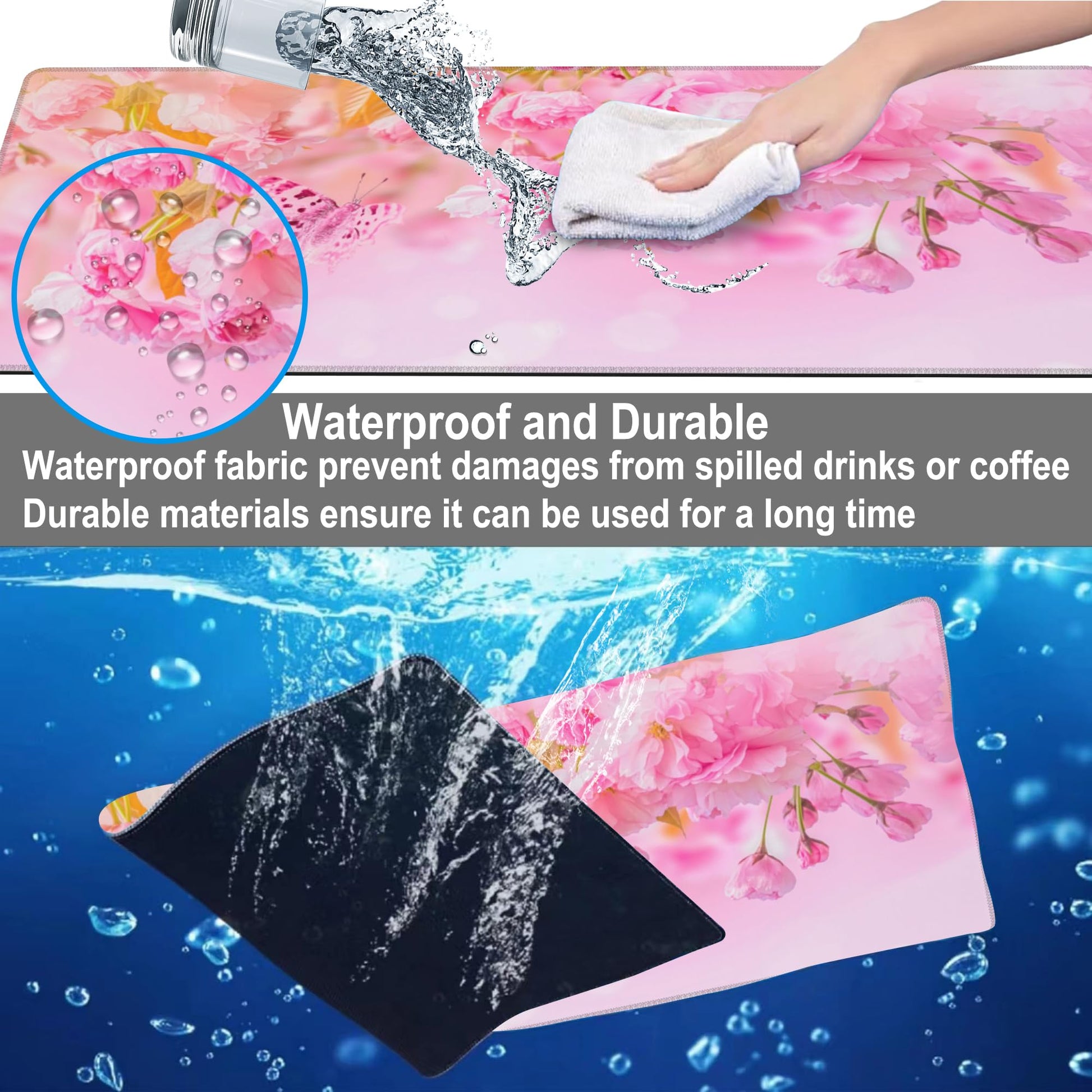 Mouse Pad, Large Pink Sakura and Butterfly Desk Mat, Extended Non-Slip Gaming Keyboard Mousepad