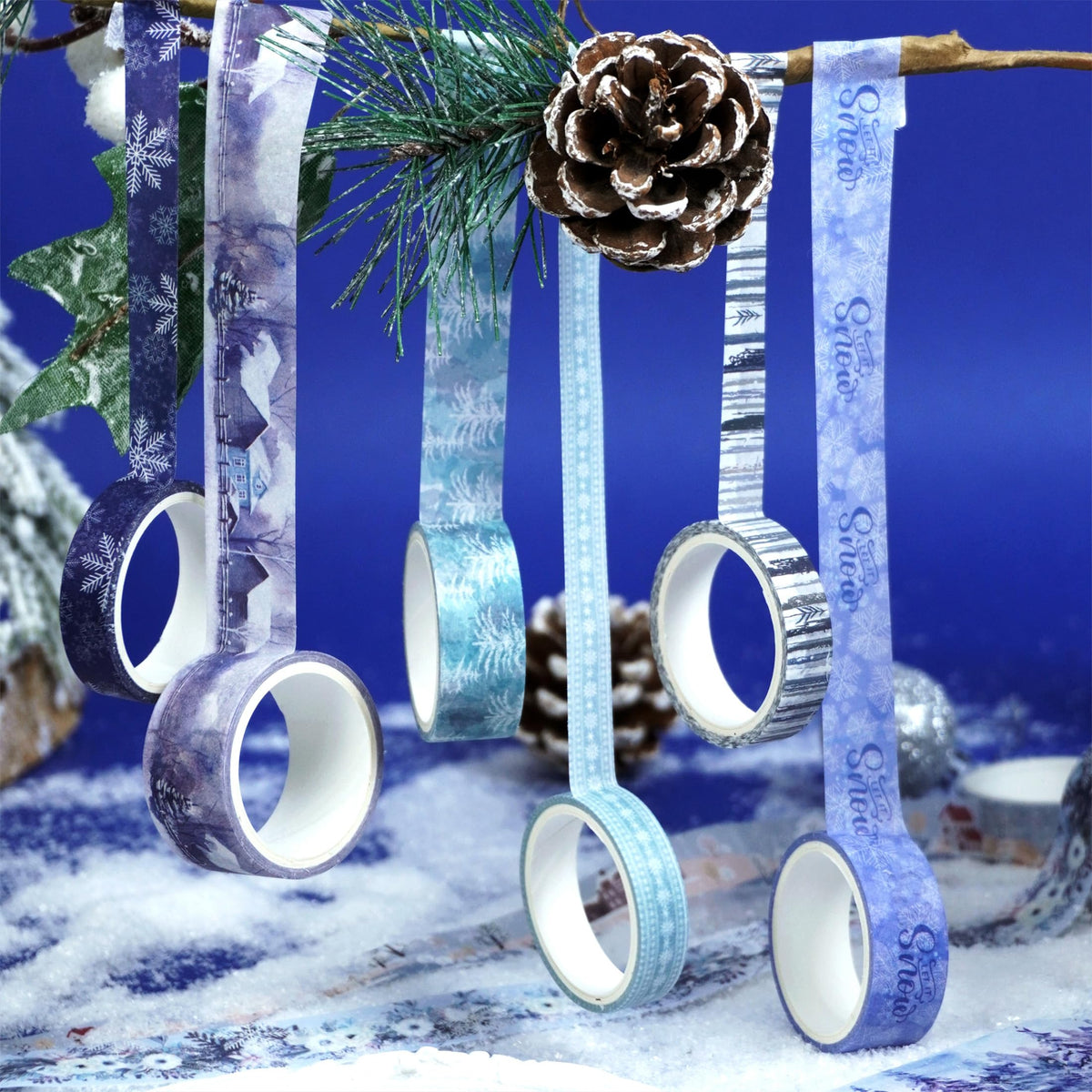 YUBX Winter Washi Tape Set 18 Rolls Landscaping Snow Embellishment Blue White Decorative Masking
