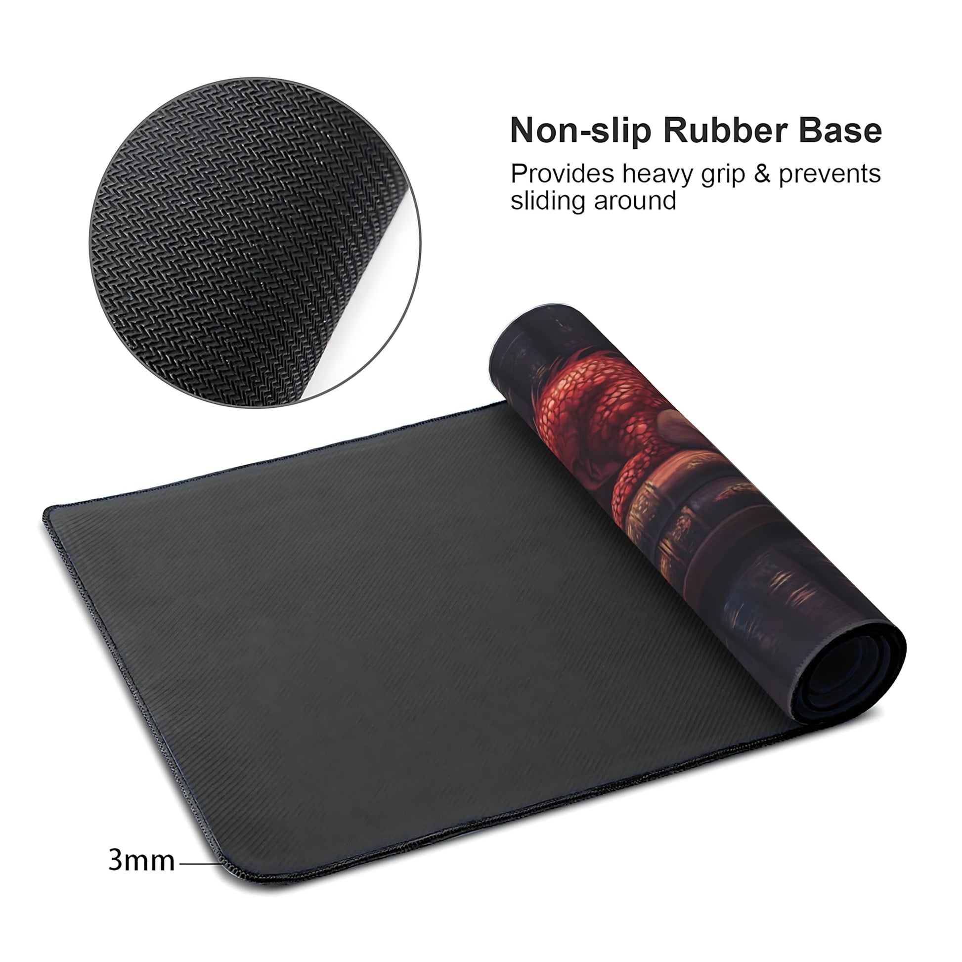 Aesthetic Dragon Gaming Mouse Pad, Ink Blue Red Mystical Desk Mat with Anti-Slip Base & Stitched