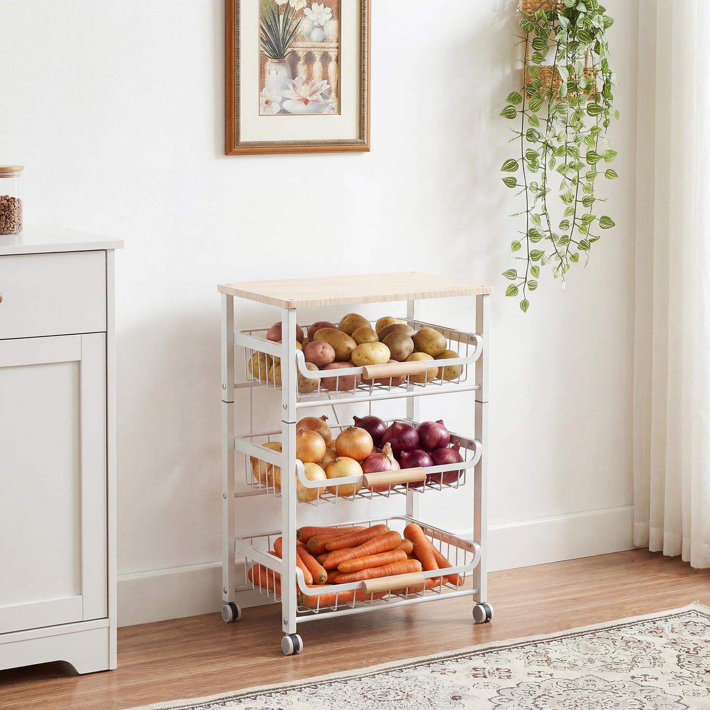 JAQ Slide Out Fruit Vegetable Basket for Kitchen, 4-Tier Rolling Storage Cart with Wooden Handle &