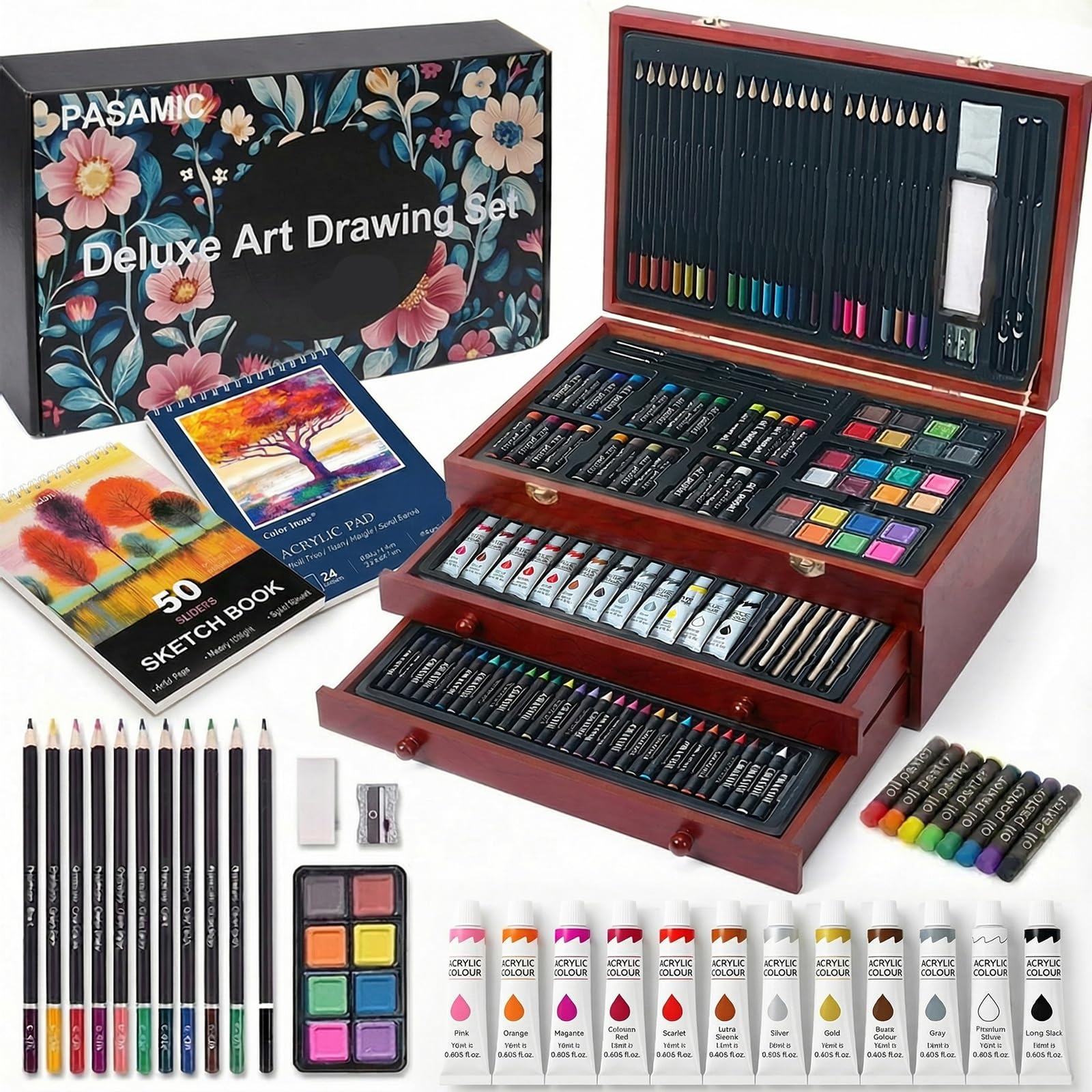 COOL BANK Wooden Deluxe Art Set with Acrylic Paints Colored Pencils & Drawing Pads, Holiday