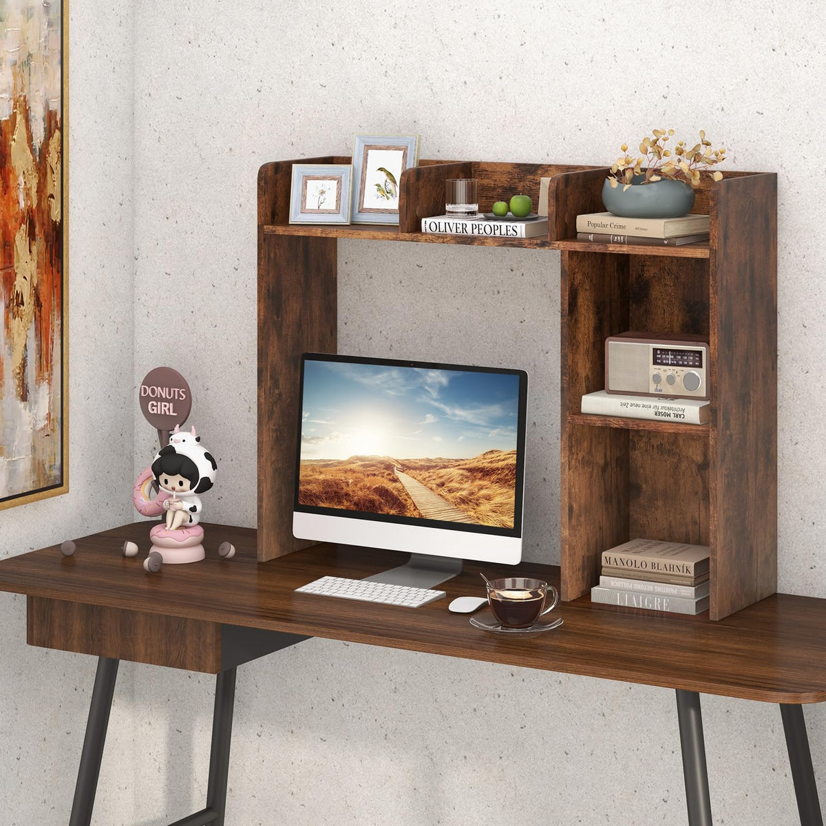 Giantex Desktop Bookshelf, Wood Desk Hutch Organizer for 27 Inch Computer Monitor, Countertop