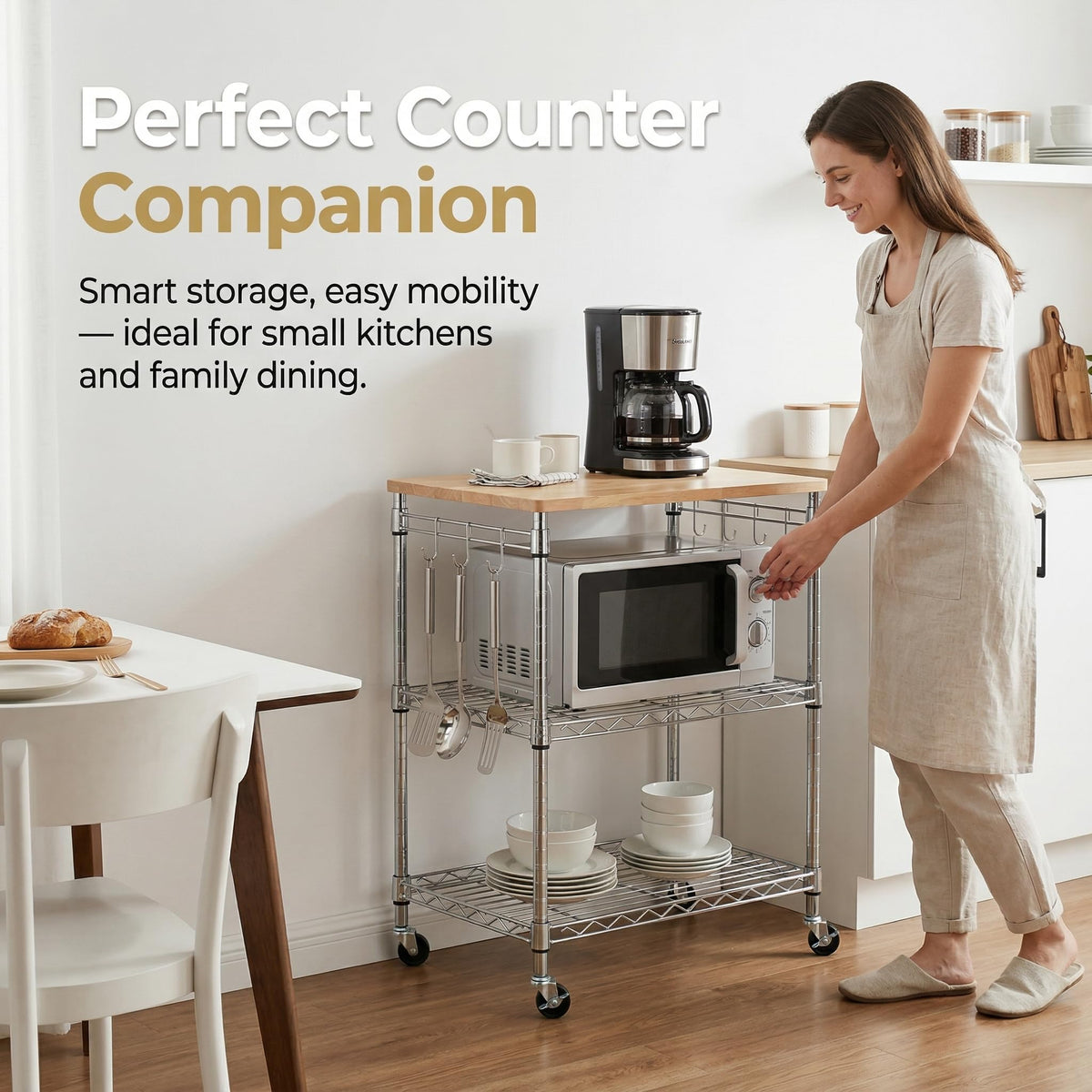 Finnhomy 3-Tier Rolling Kitchen Cart, Microwave Cart with Oak Wood Tabletop and Drawer Slider