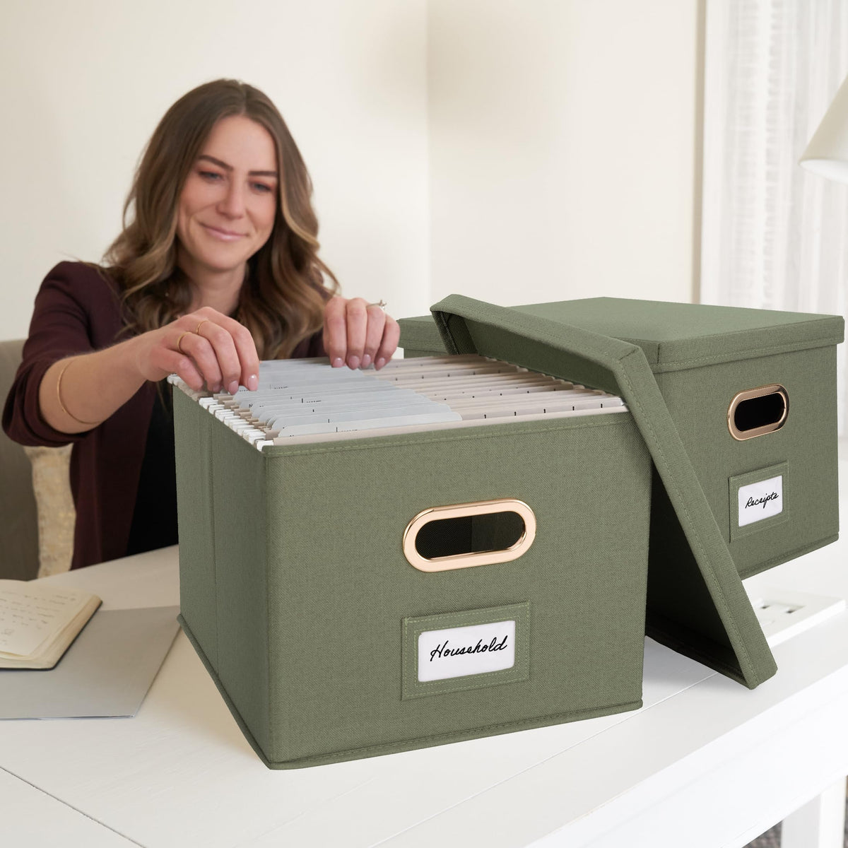 Decorative File Organizer Box Set of 2 - Collapsible Linen Filing Cabinets