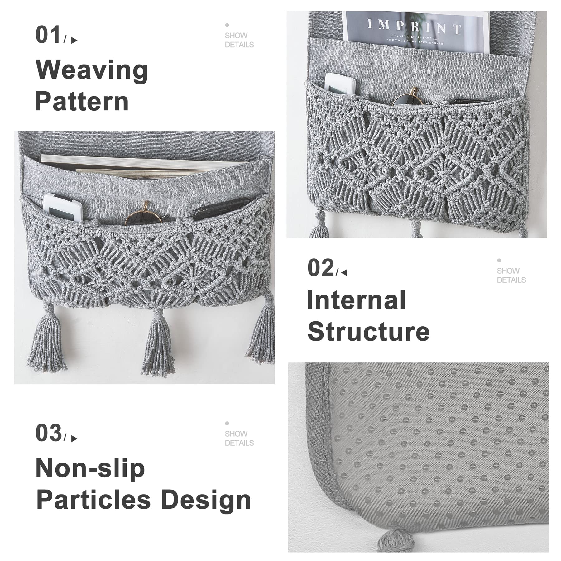 Mkono Macrame Armchair Caddy, Boho Couch Armrest Organizer, 4 Pockets Grey