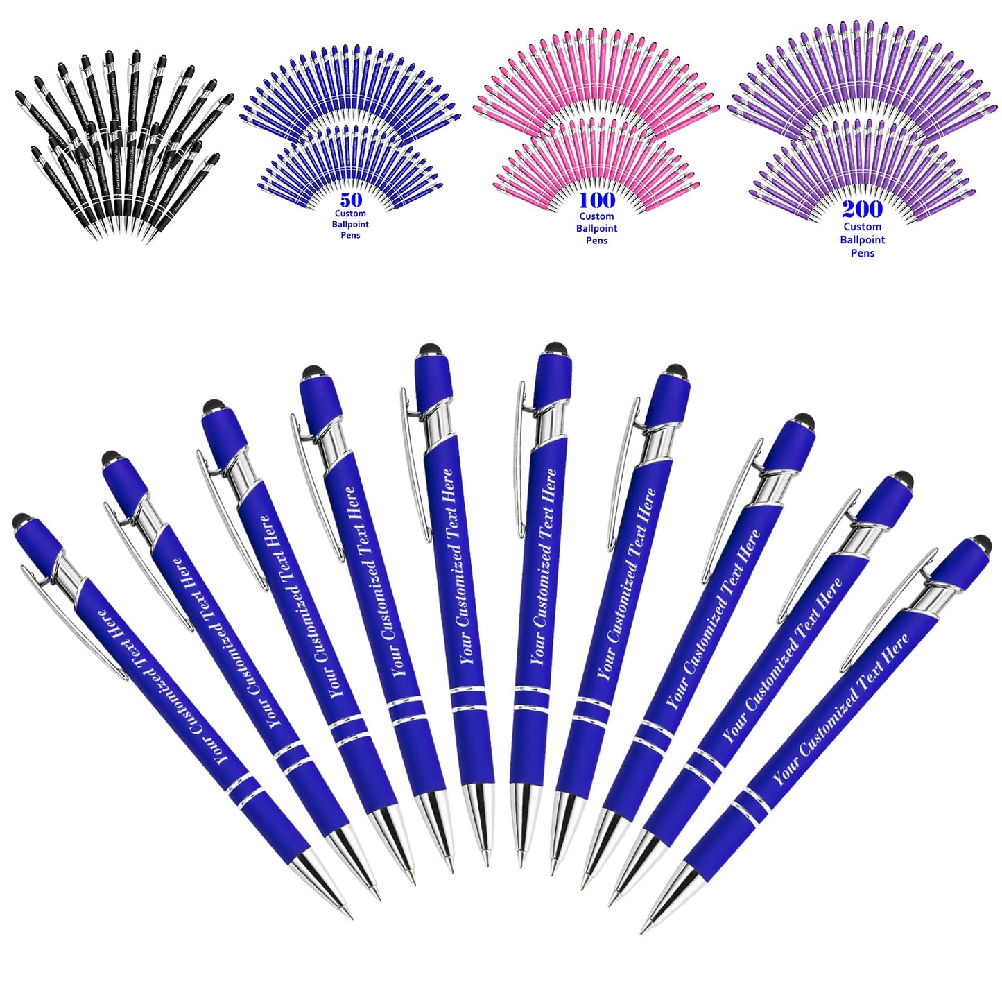 10 Pcs Personalized Pens in Bulk with Stylus Tip - Custom Print with Name 0.5 mm Soft Touch Medium