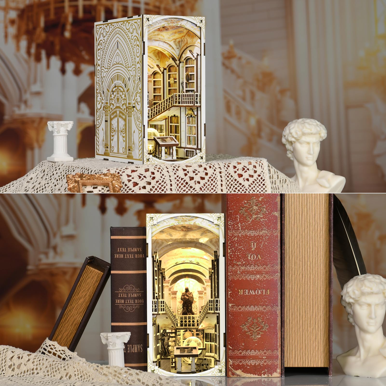 MiniCity Library of Gods Book Nook Kit, 3D Wooden Bookshelf Puzzle with LED