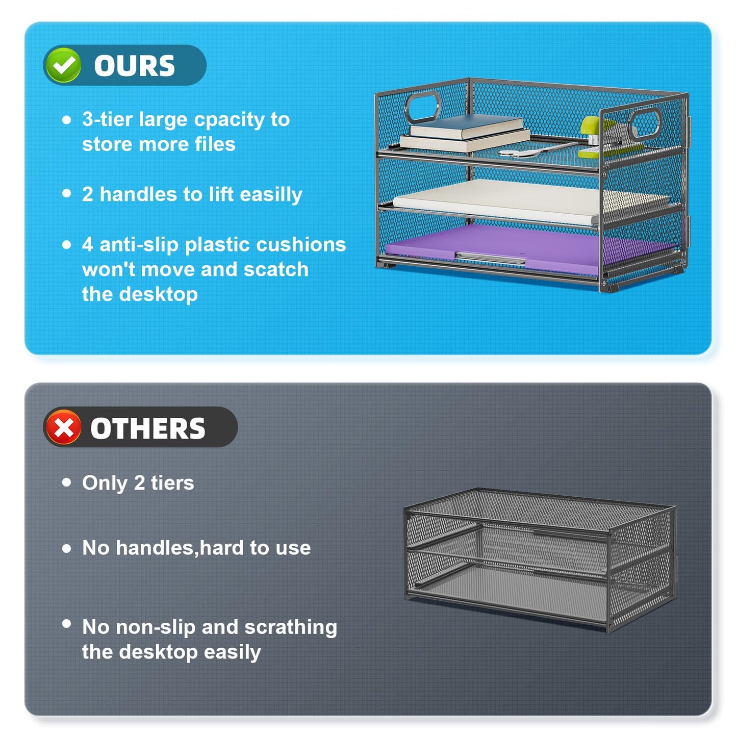 Marbrasse 3 Tier Paper Organizer Letter Tray, Mesh File Organizer with Handle, Paper Sorter Desk