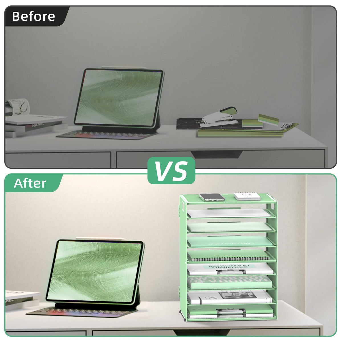 9-Tier Paper Organizer for Desk with Handles, Mint Green, 2 Pack