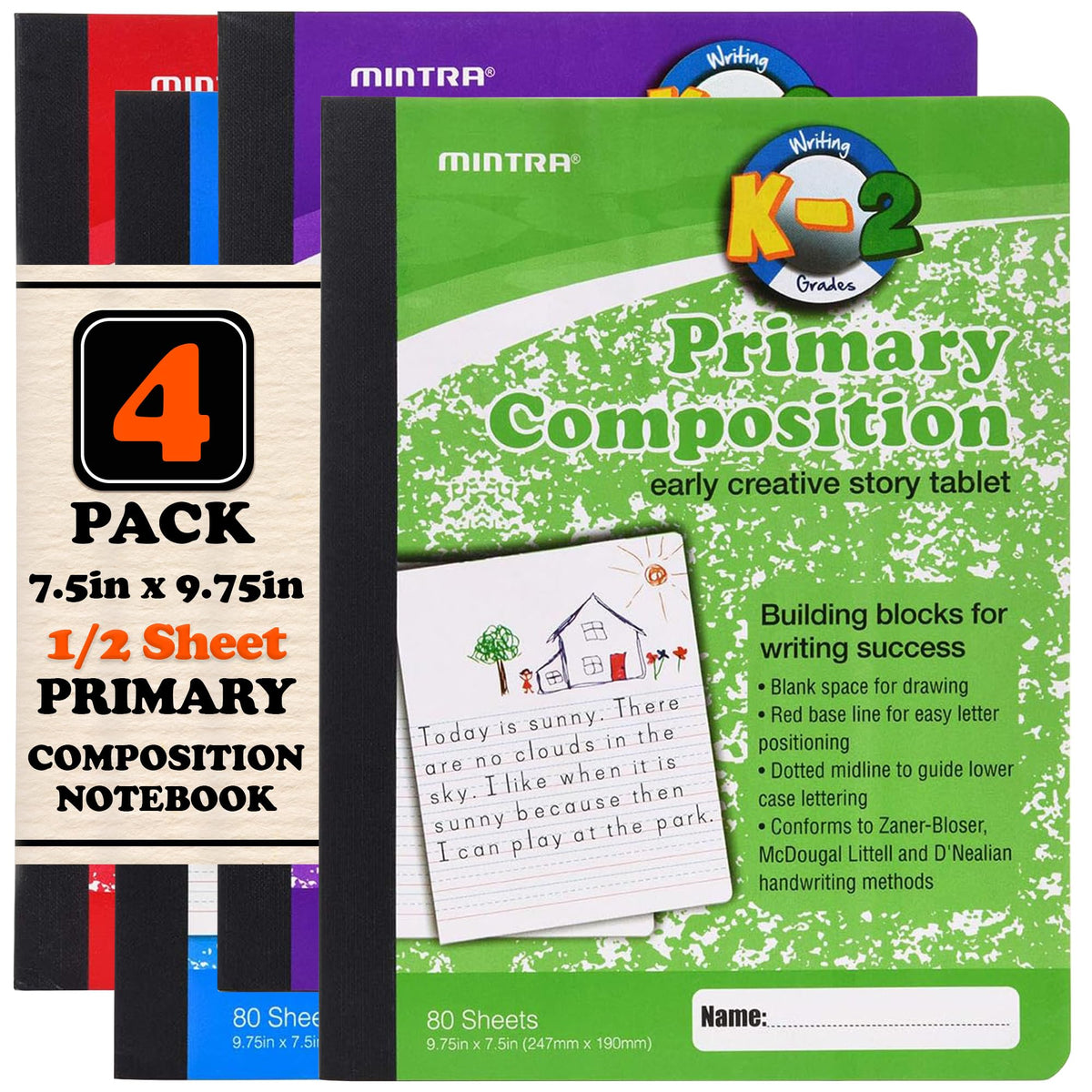 Mintra Primary Composition Notebook, 4 Pack, Assorted Colors 80 Sheets, 7.5in x 9.75in, 1/2 Sheet