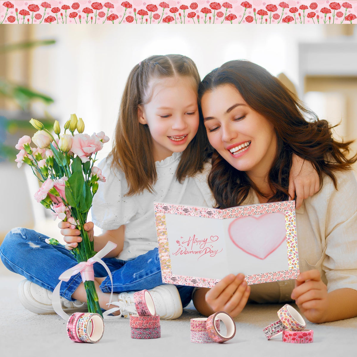 BkeeCten Mother's Day Washi Tape - 12 Rolls Daisy Floral Bouquet Vintage Truck Love Mom Message