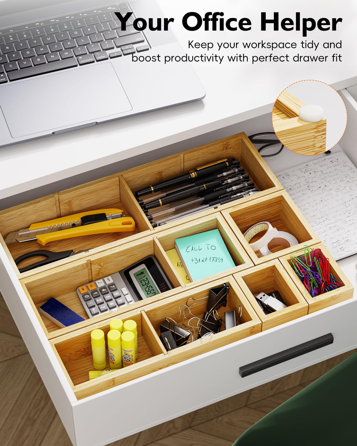 VA1KENE Bamboo Drawer Organizer Set, 6 PCS Trays with 12 Compartments
