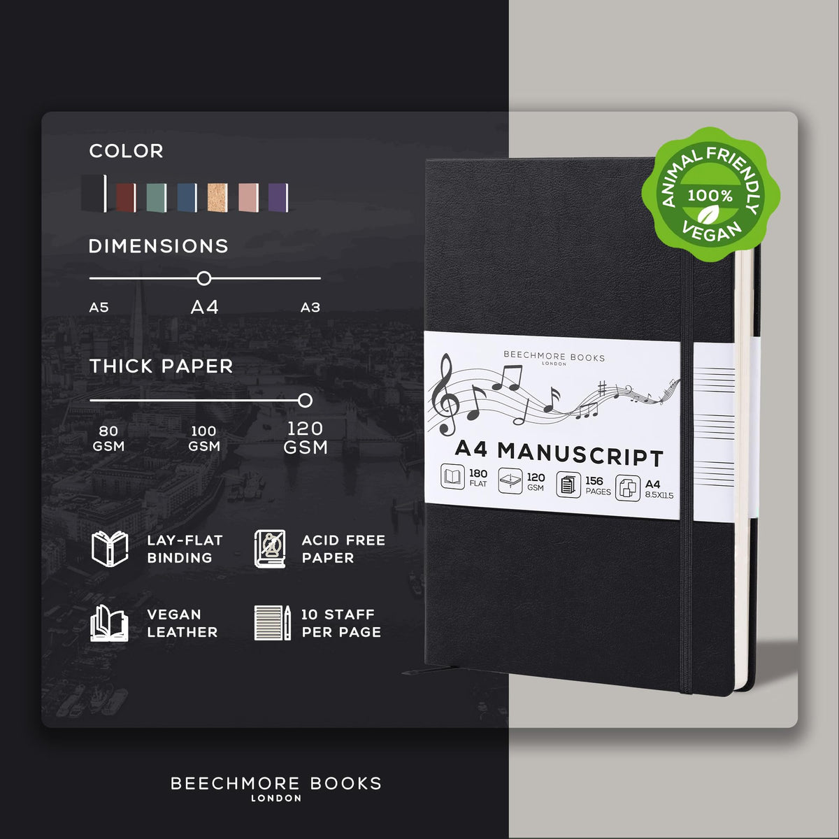 BEECHMORE BOOKS A4 Music Manuscript Paper Notebook A4 120 GSM with Gift Box