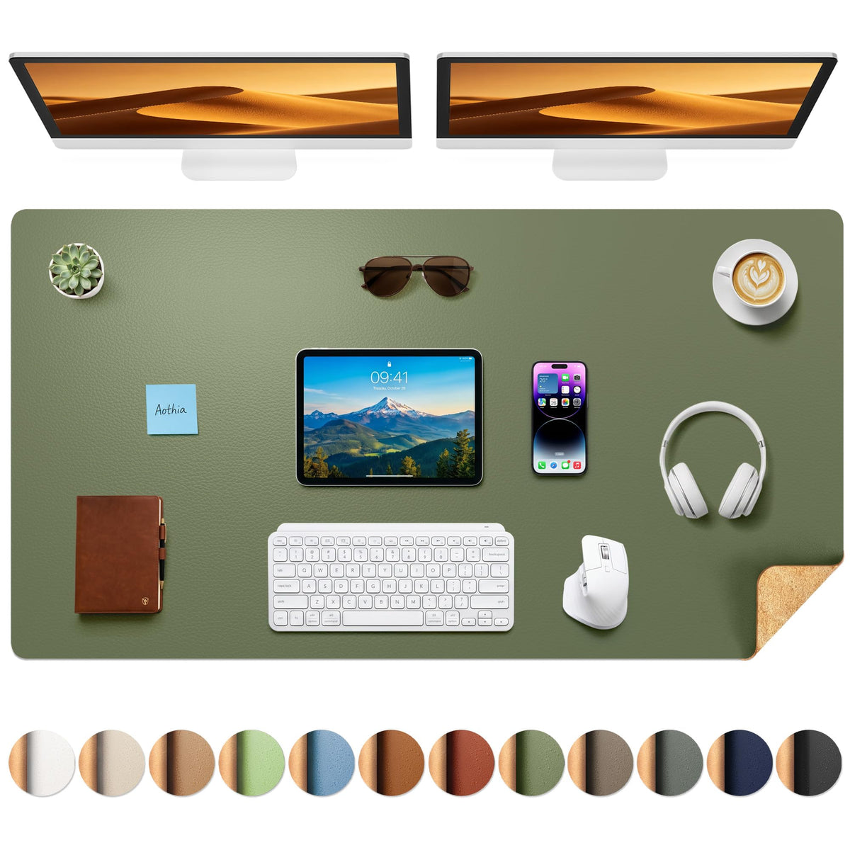 Aothia Cork Desk Mat - Dual-Sided XL PU Leather Desk Pad & Full Desk Protector, Large Waterproof