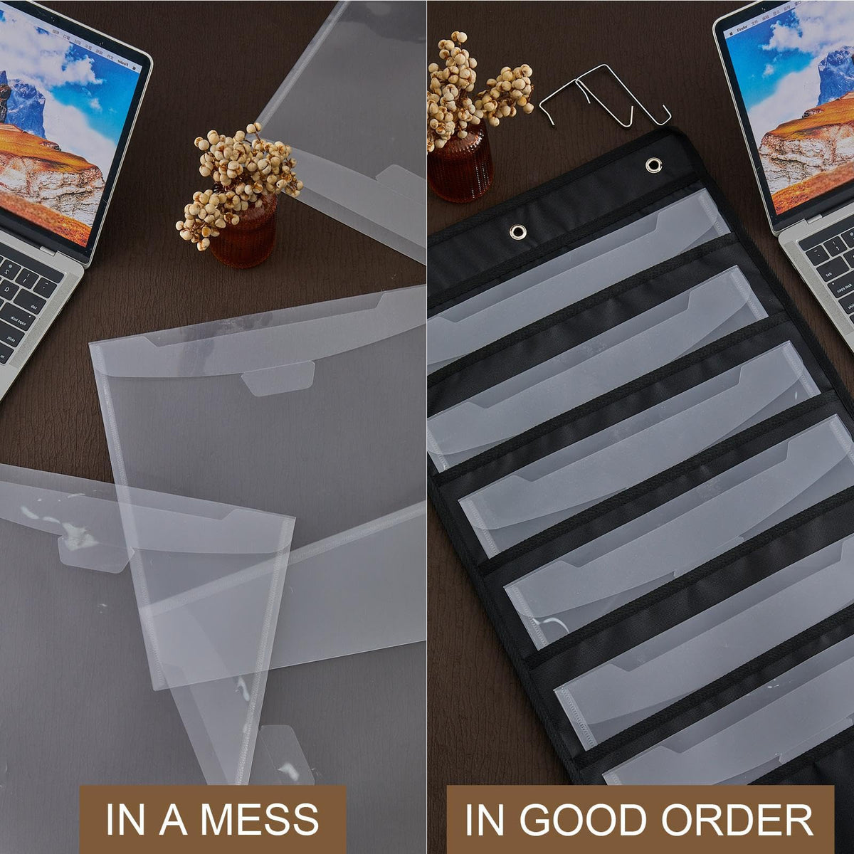 Henoyso 1 Pcs Hanging Wall File Storage 10 Pocket Paper Organizer, Black