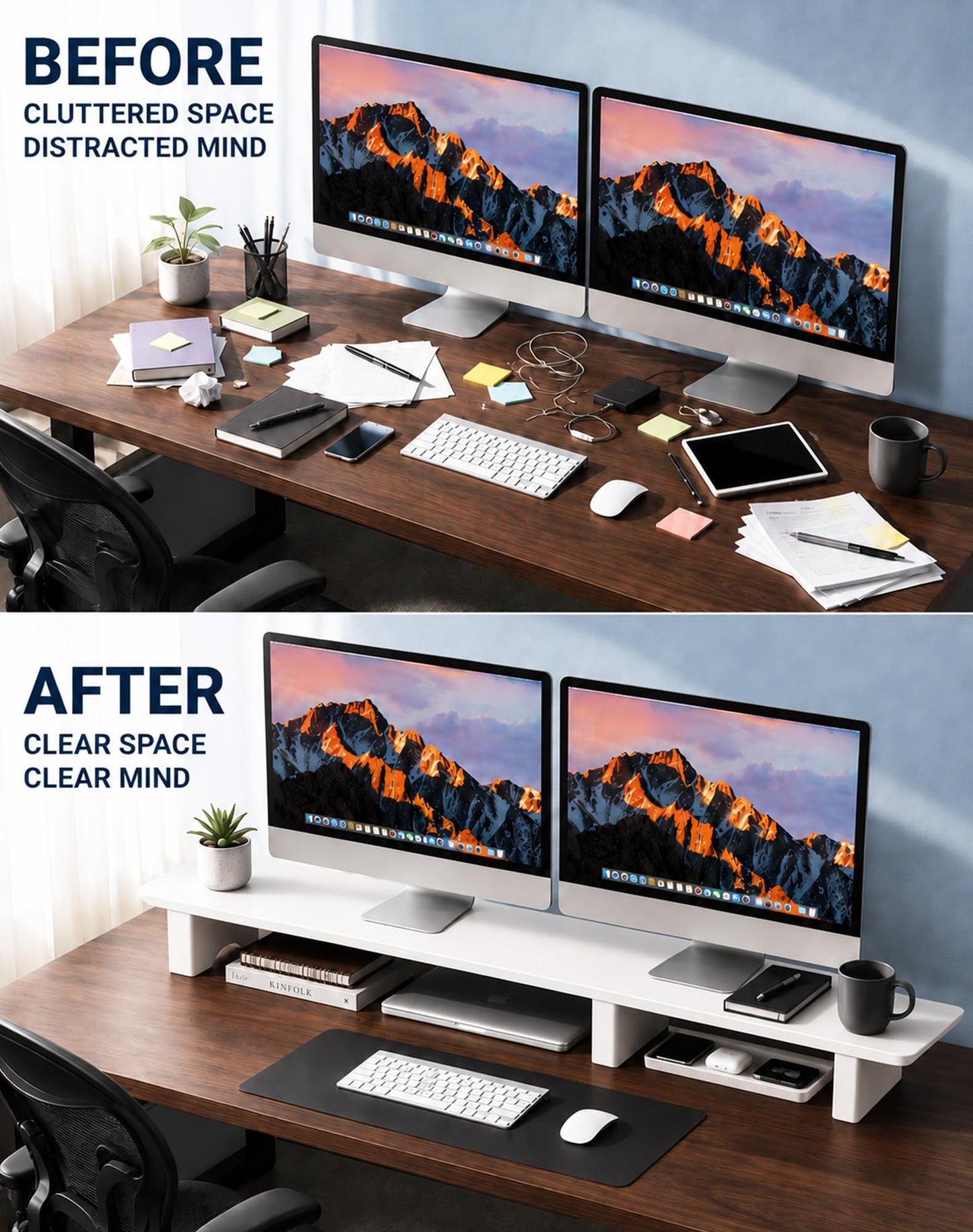 Aothia 43 in White Dual Monitor Stand, Monitor Riser for Desk, Solid Wood