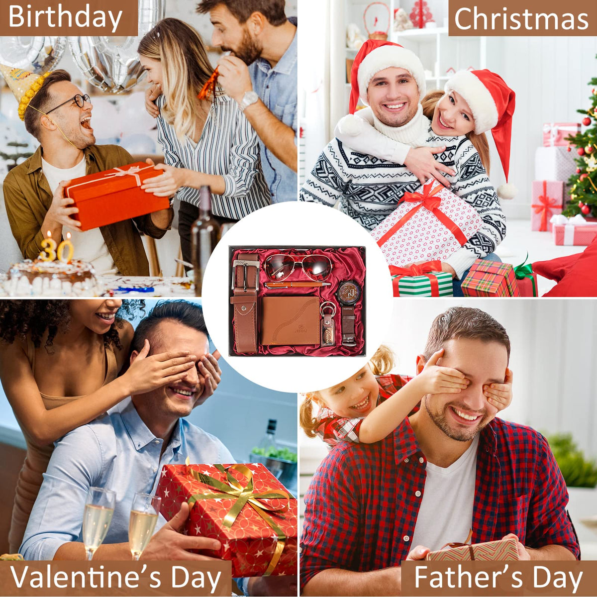 Baojulong 6pcs Men's Gift Set with Box Brown Leather Belt Wallet Watch Glasses Keychain Ballpoint