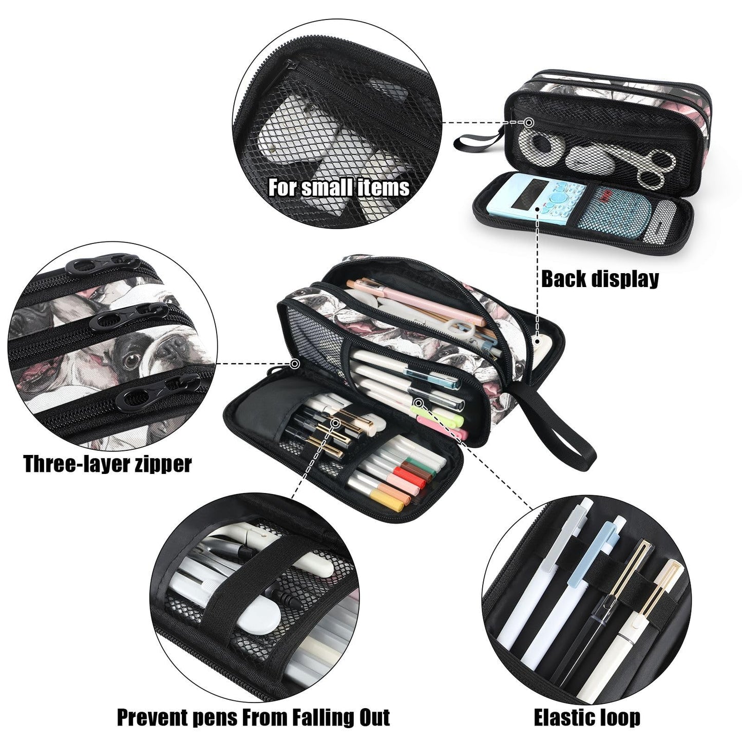Fustylead Smiling Funny Boston Terrier Dog Pencil Pen Case with 3 Compartments, Lightweight &
