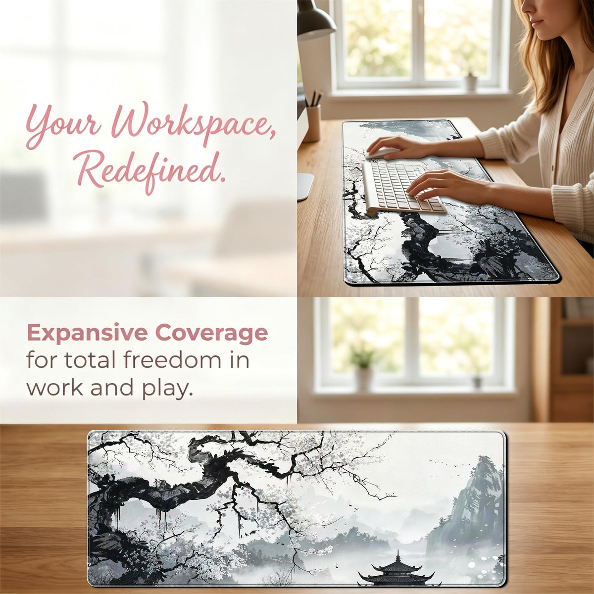 PEPYJAN Large Chinese Ink Wash Landscape Mouse Pad Desk Mat, 31.5 X 11.8 Inches, Gaming Desk Pad