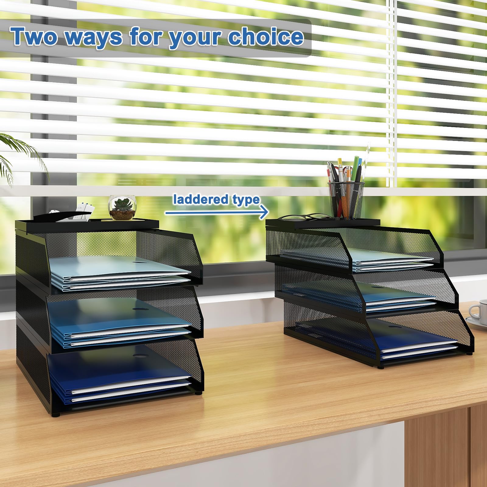 Natwind 3-Tier Stackable Metal Mesh Desk Paper Tray Organizer,Black