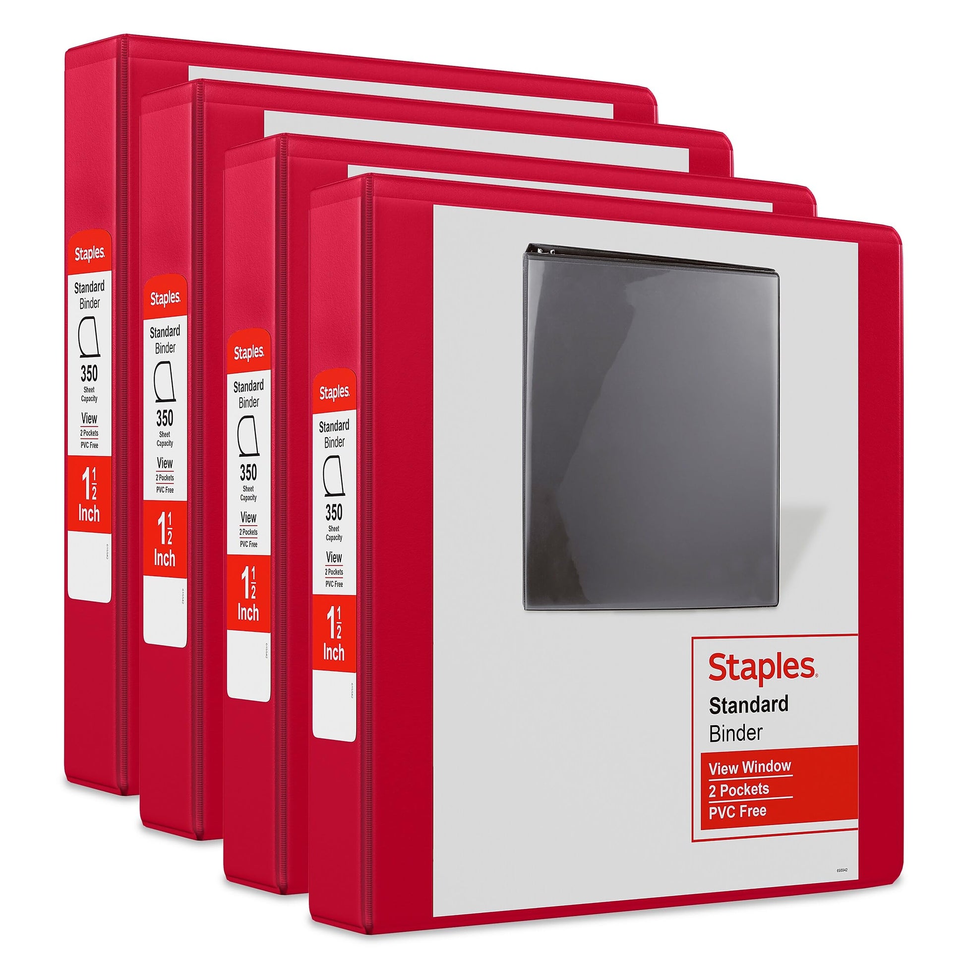 Staples 1 1/2" 3-Ring View Binders, D-Ring, Red, 4/Pack