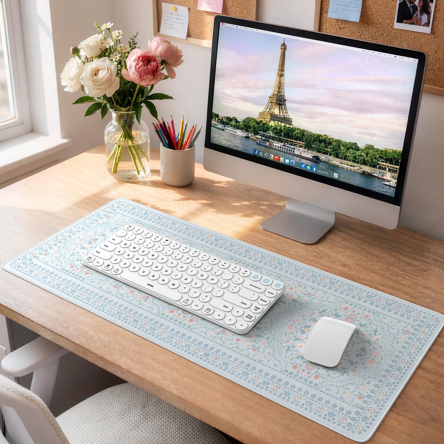 HAOCOO Cute Blue Floral Desk Pad, 31.5" x 11.8" Mouse Pad for Office Setup