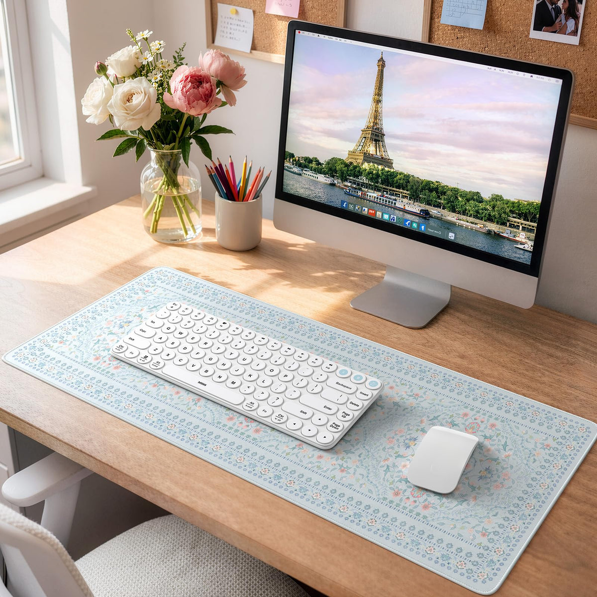 HAOCOO Cute Blue Floral Desk Pad, 31.5" x 11.8" Mouse Pad for Office Setup