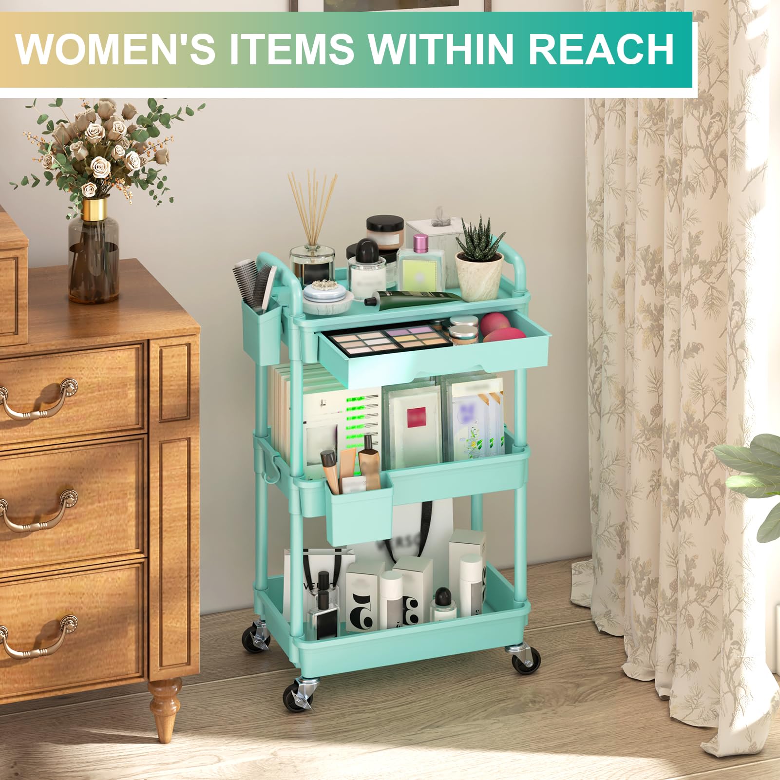 Goovilla 3 Tier Rolling Utility Cart Organizer with Removable Drawer, Blue