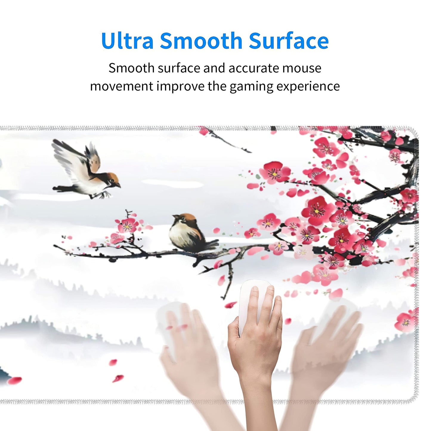 Japanese Pagoda Cherry Blossom Gaming Mouse Pad XL Birds Sakura Branch Mountain Extended Large Desk