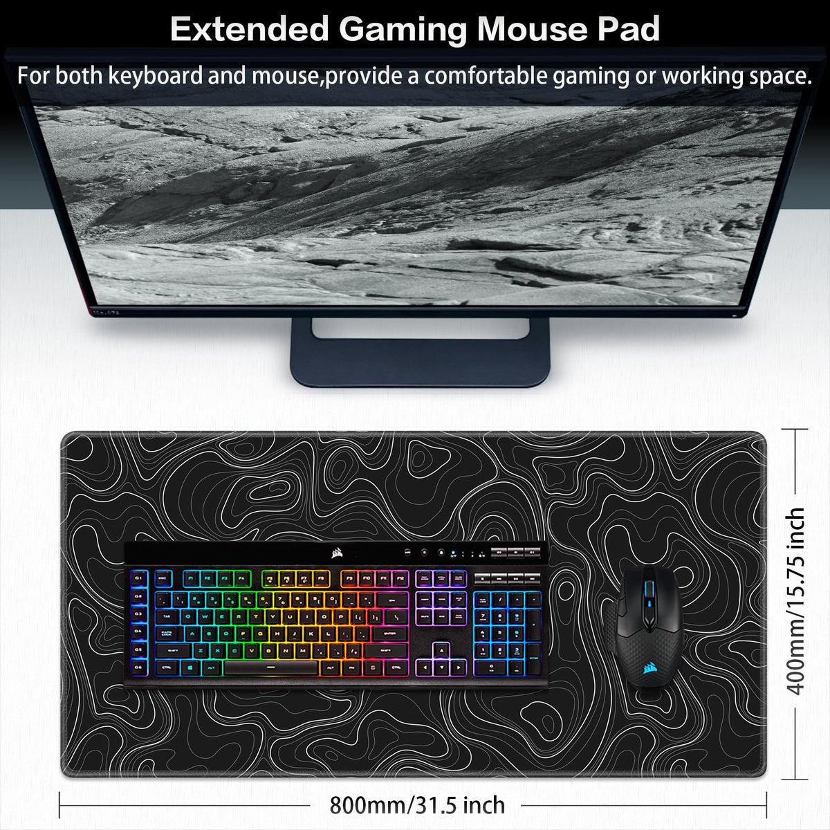 Canjoy Gaming Mouse Pad, 31.5x15.7in Topographic Large Mouse Pads for Desk