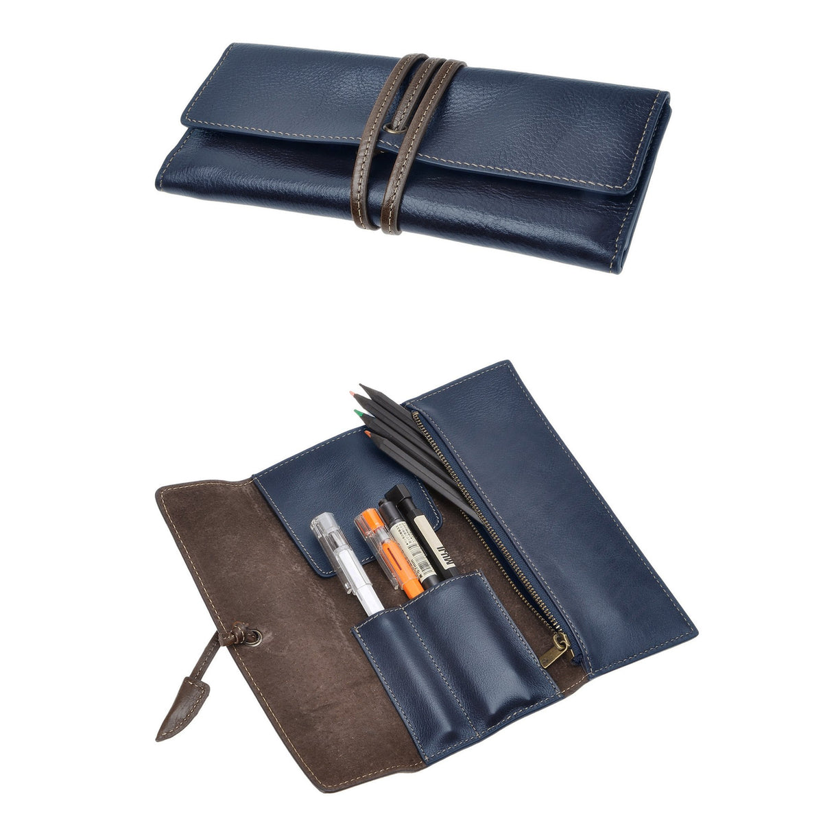 ZLYC Handmade Leather Pencil Case Soft Roll Bag Stationery Gift,Blue