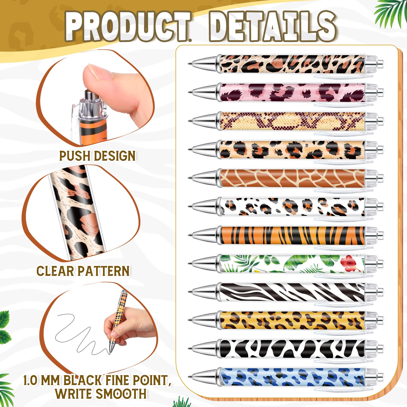 Dispowreath 48 Pcs Animal Print Pens Safari Jungle Cheetah Ink Pens